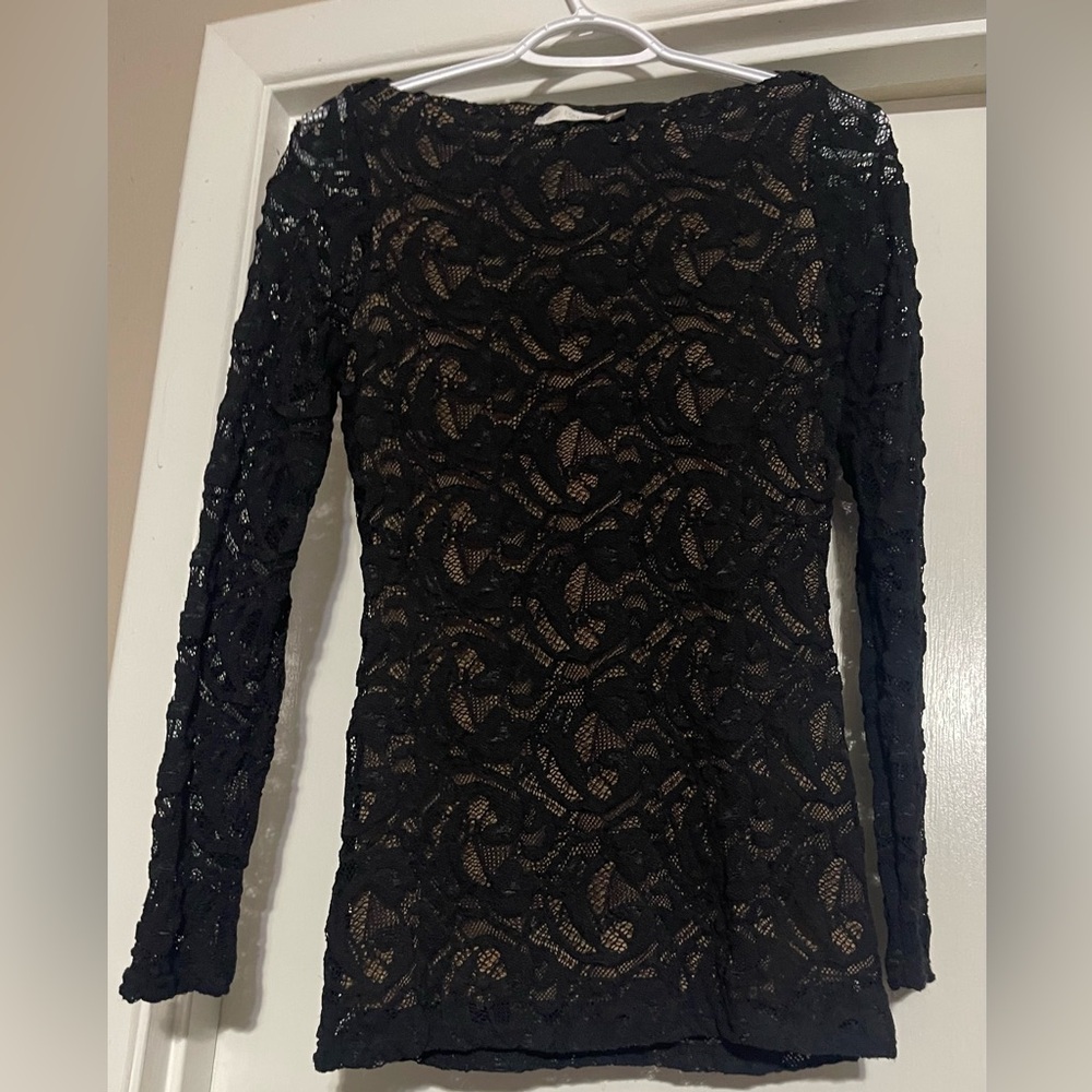 Anne Fontaine Paris Castille Lace Top Nude Lining Sheer Sleeves Size 40 US 6-8 M